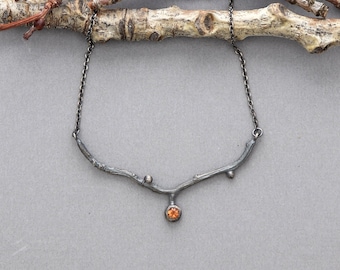 Rustic Twig Sapphire Necklace in Oxidized Sterling Silver