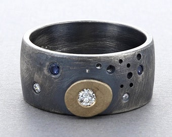 Sapphire and Diamond Band in Sterling Silver & 14K Gold