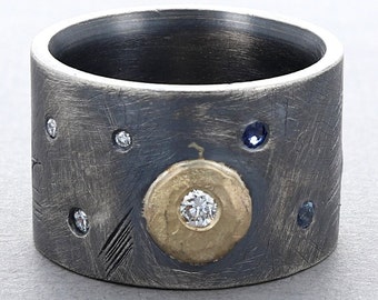 Diamond and Sapphire Band in Sterling Silver & 14K Gold