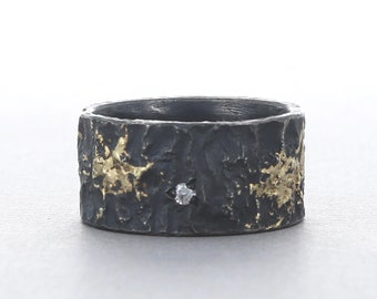 Sterling Silver Rustic Band with 18K Yellow Gold with diamonds