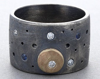 Diamond and Sapphire Band in Sterling Silver & 14K Gold