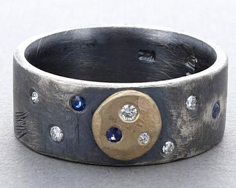Diamond and Sapphire Band in Sterling Silver & 14K Gold