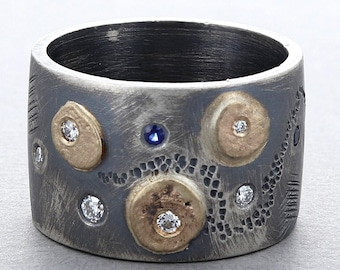 Diamond and Sapphire Band in Sterling Silver & 14K Gold