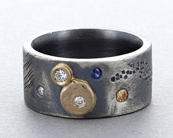 Two Tone Rustic Sterling Silver & Gold Diamond and Sapphire Band