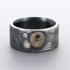 Two Tone Rustic Sterling Silver & Gold Diamond and Sapphire Band
