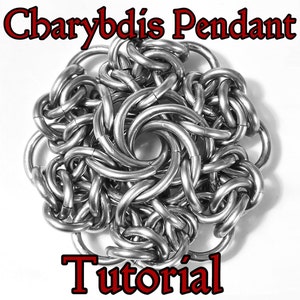 May include: A silver Charybdis pendant tutorial. The pendant is a circular, intricate design made of woven metal rings.