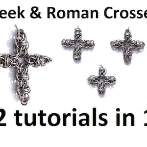 May include: Two tutorials in one for making Greek and Roman crosses. The image shows three silver metal crosses of different sizes.