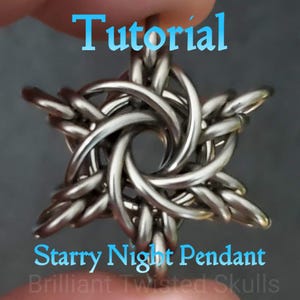 May include: A silver metal pendant in the shape of a six-pointed star with a swirling design. The pendant is labeled "Starry Night Pendant" and "Brilliant Twisted Skulls".
