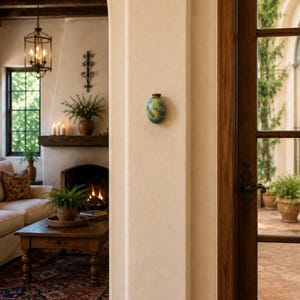 May include: A small, oval-shaped ceramic wall vase with a mottled glaze in shades of teal, green, and brown. The vase is mounted on a smooth, light-colored plaster wall pillar, positioned between a living room area and a glass-paned wooden door.
