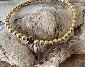 Gold filled 4mm beads bracelet with dainty sideways cross