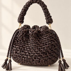 The Delilah Mini | Chocolate Brown Crochet Handbag & Clutch, Removable Handle, Canvas Lining, Gold-Tone Hardware