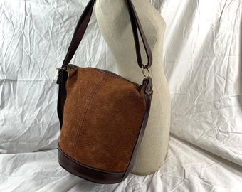 Echte vintage handgemaakte bruine leren tweekleurige bucket bag