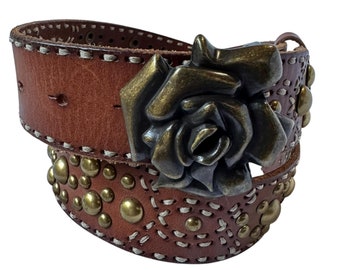 LUCKY BRAND Studded Floral Leather Belt Size Small 38” Brown Western Boho Cowgirls Rock Women main image 2