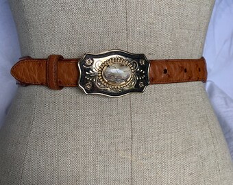 Vintage western gold tone buckle with stone ostrich belt size 38 USA