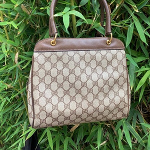 Vintage GUCCI brown signature  leather and canvas handbag satchel bag
