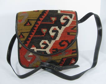 Vintage kilim and black leather flap shoulder bag crossbody purse ethnic