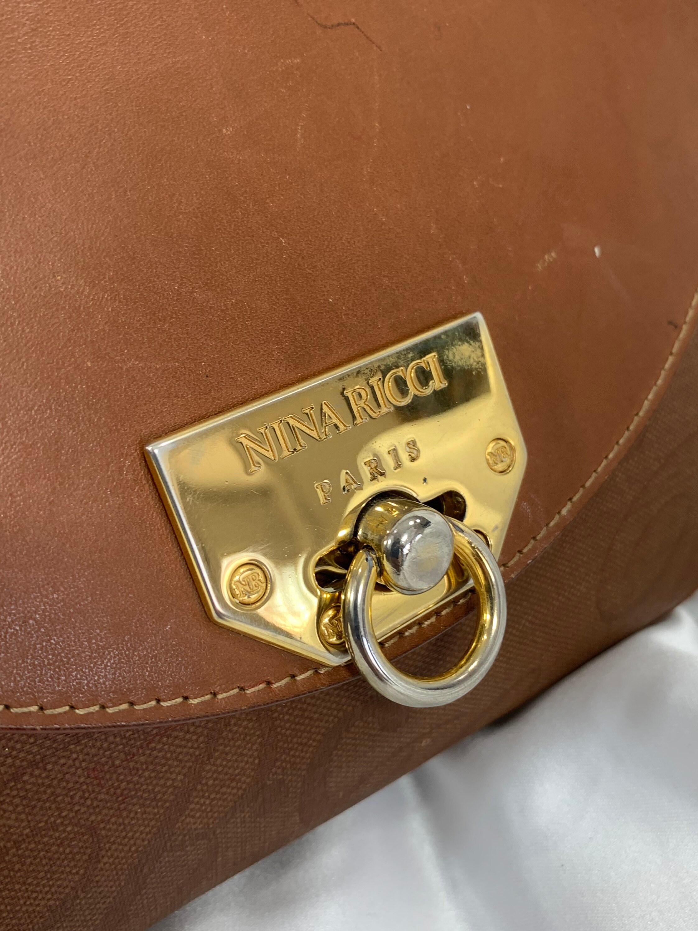 Vintage NINA RICCI Tan Canvas and Leather Shoulder Bag Logo