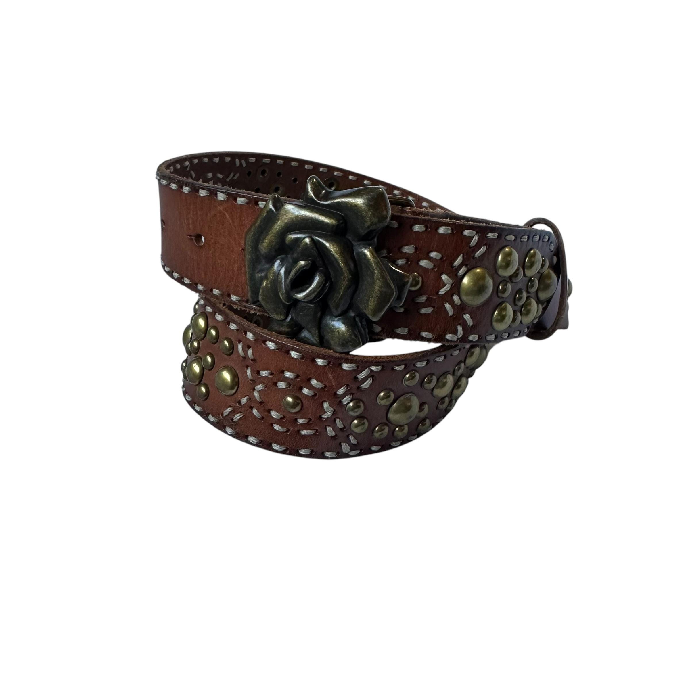 Vintage BETSEY JOHNSON Brown Genuine Leather Floral Buckle Studded Belt Size M Vintage BETSEY JOHNSON Brown Genuine Leather Floral Buckle  main image 3