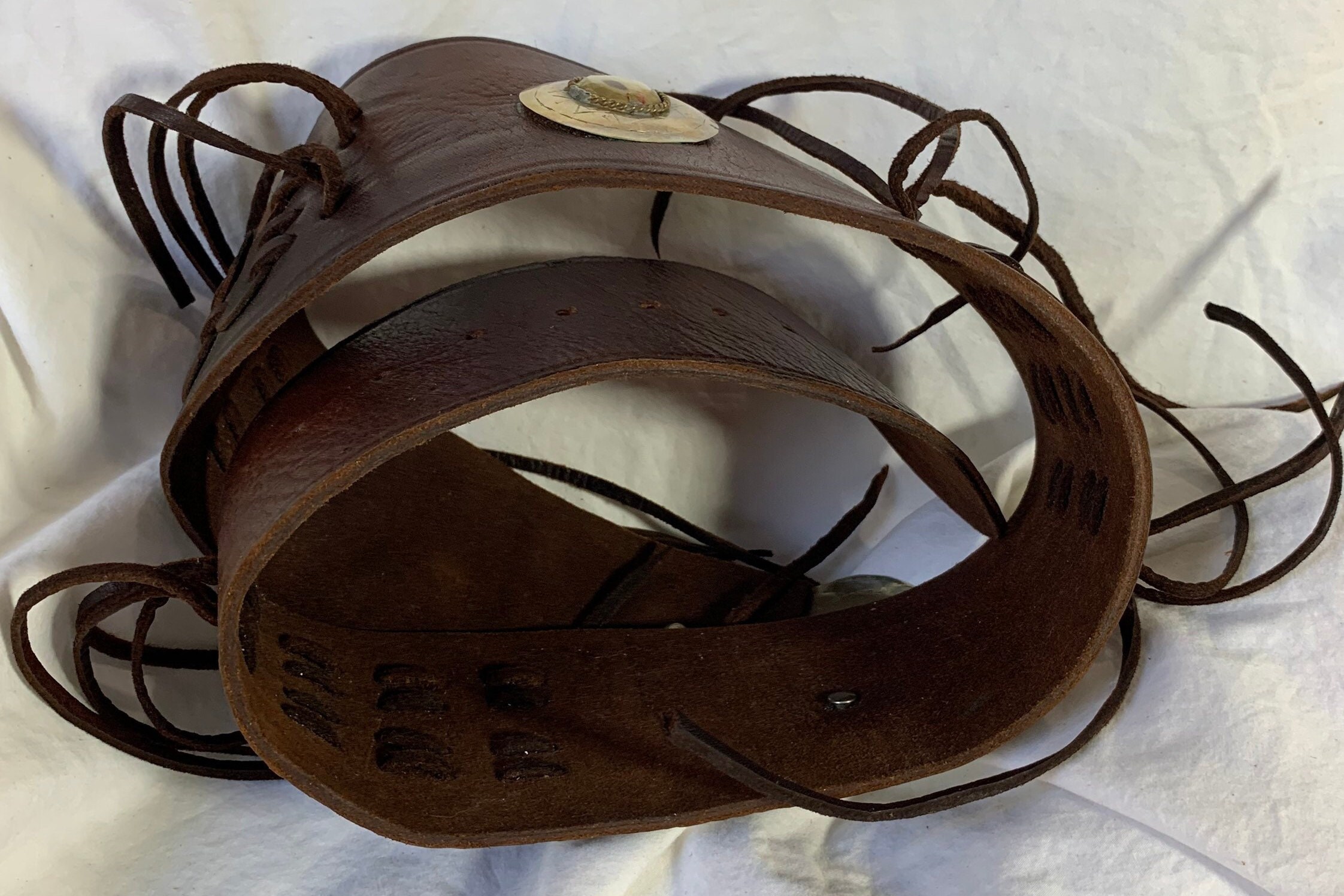 Vintage Moroccan Brown Wide Leather Belt With Stones Fringes  display picture 2