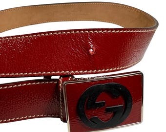 GUCCI Red Patent Leather Black Interlocking G Plaque Buckle  display picture 3