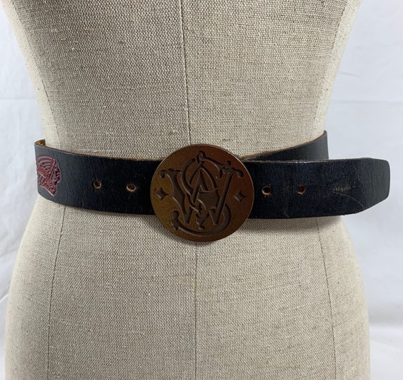 Vintage genuine full grain tooled leather belt si… - image 1