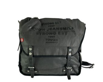 Bolso bandolera Y2K Vintage TOUGH JEANSMITH de lona negra resistente y cuero.
