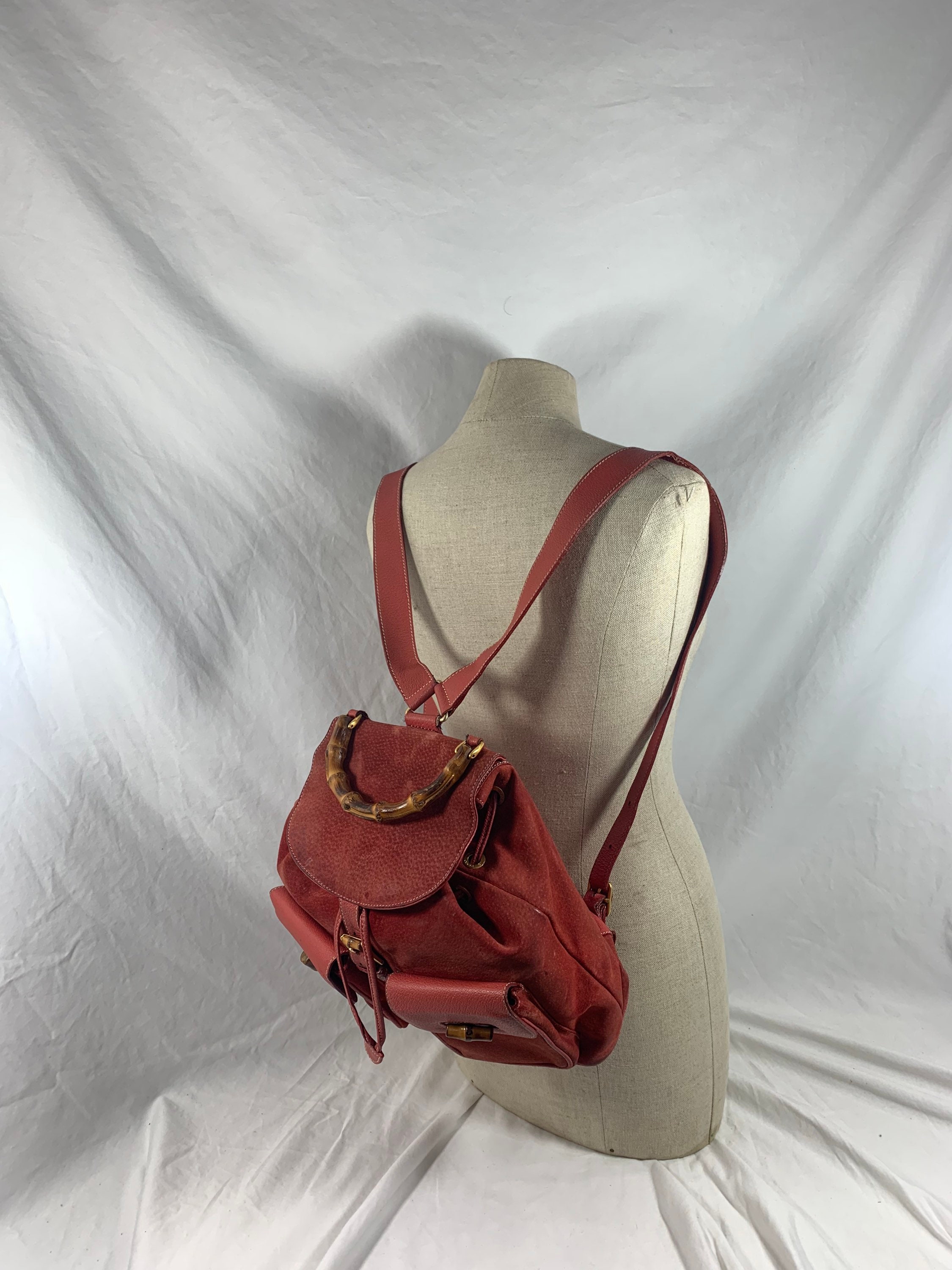 Genuine GUCCI Vintage Red Blush Suede and Leather Bamboo 