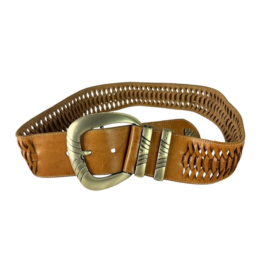 Vintage AVION Tan Boho Wide Leather Braided Belt Women\'s 28 Small Vintage AVION Tan Boho Wide Leather Braided Belt Women main image 2