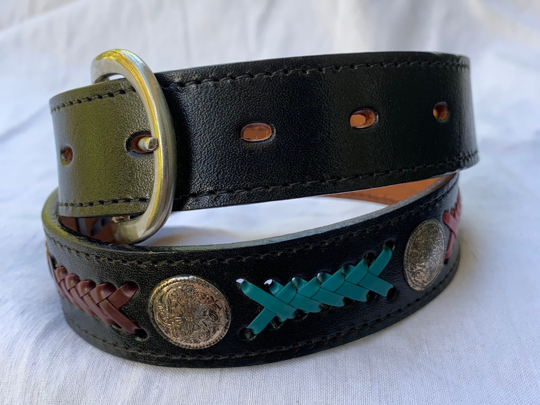Tex Tan Genuine Leather Belt Handcrafted Southwest Woven Design Brass Buckle 38 3 main image 4