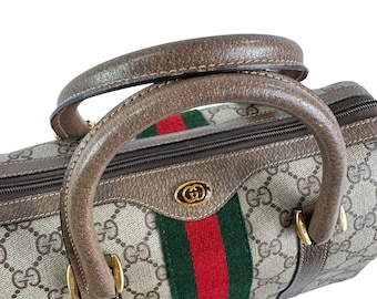Vintage GUCCI Brown Signature Web Boston Leather and Canvas