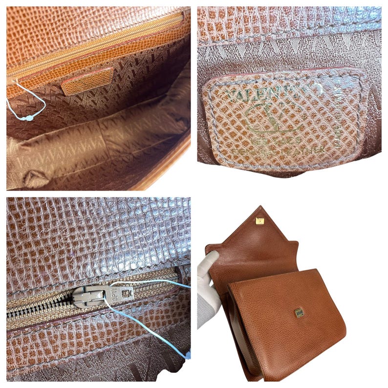 Op de afbeelding: Een bruine leren handtas met een textuur, reptielachtig patroon. De tas heeft een handvat aan de bovenkant, een ritssluiting en een goudkleurige sluiting. De binnenvoering heeft een herhalend patroon. De tas wordt vanuit meerdere hoeken getoond.
