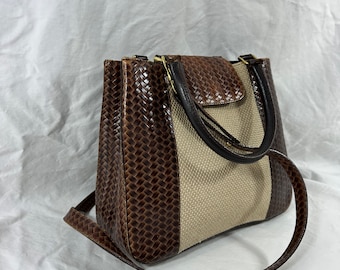 Genuine vintage  BRAHMIN brown leather with beige canvas shoulder bag croc pattern