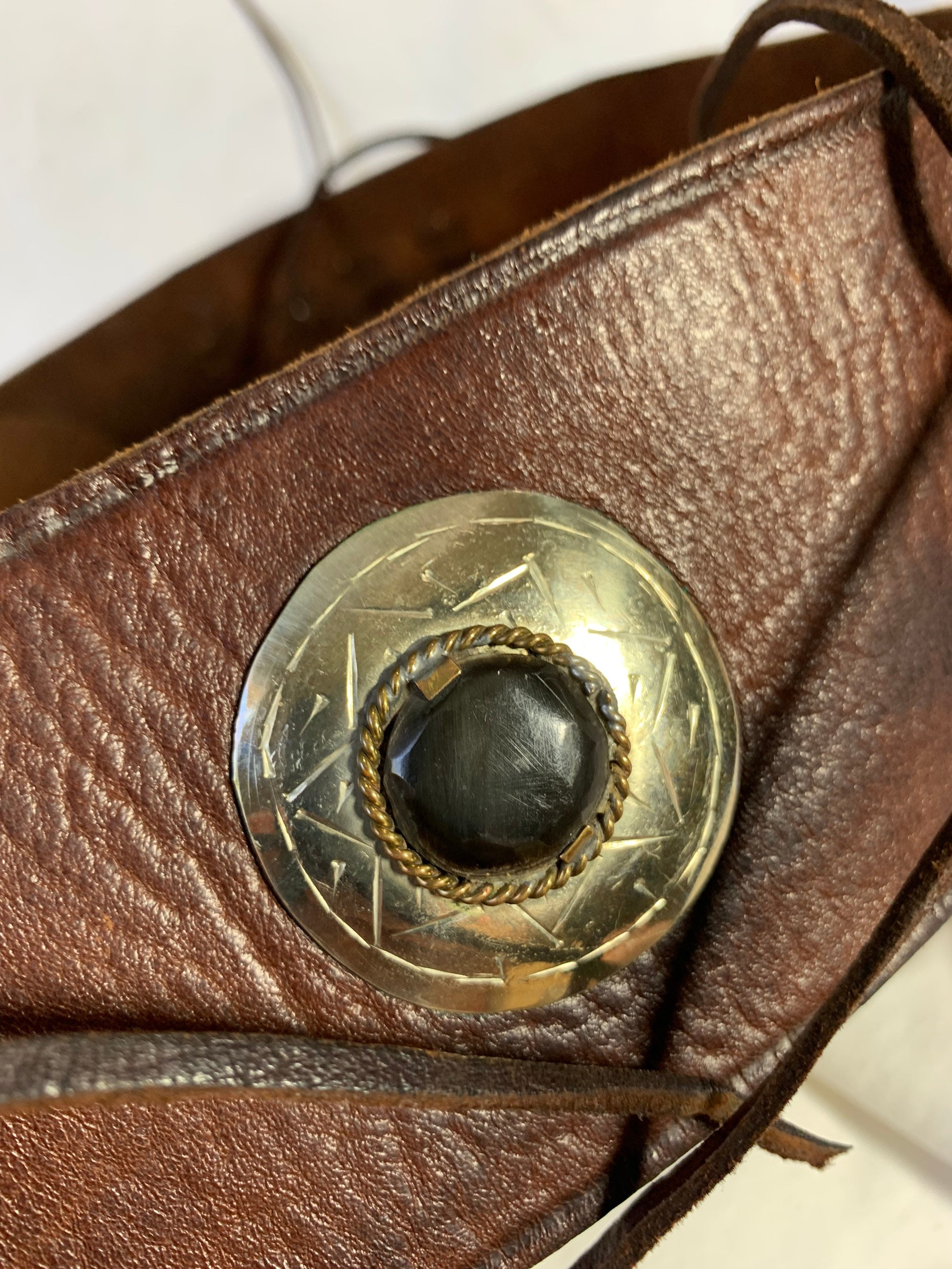 Vintage Moroccan brown wide leather belt with stones fringes bohemian small Angel Ranch Women main image 2