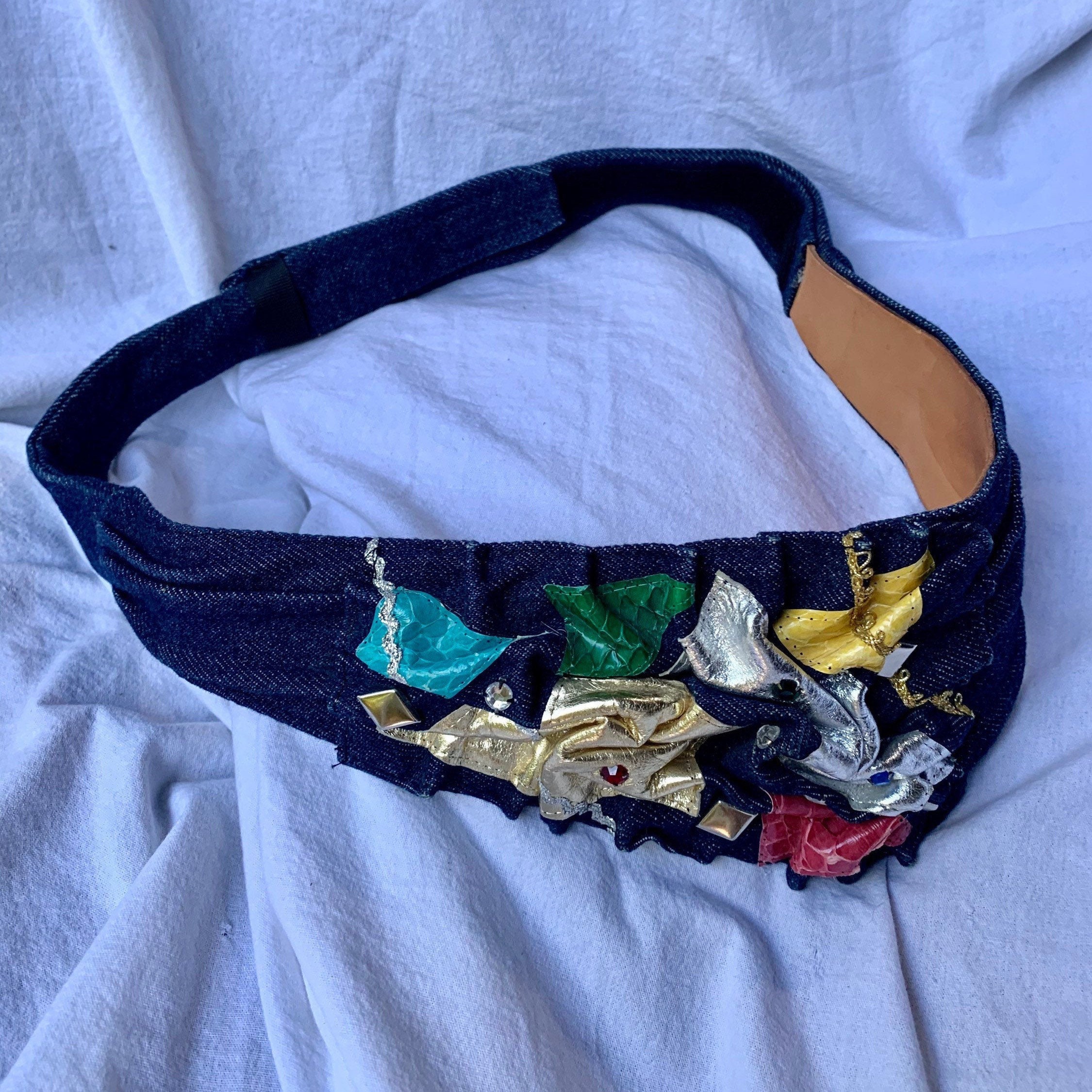 Vintage Denim Leather and Stones Belt Wide Medium 80s - Etsy Vintage Denim Leather and Stones Belt Wide Medium 80s - Etsy