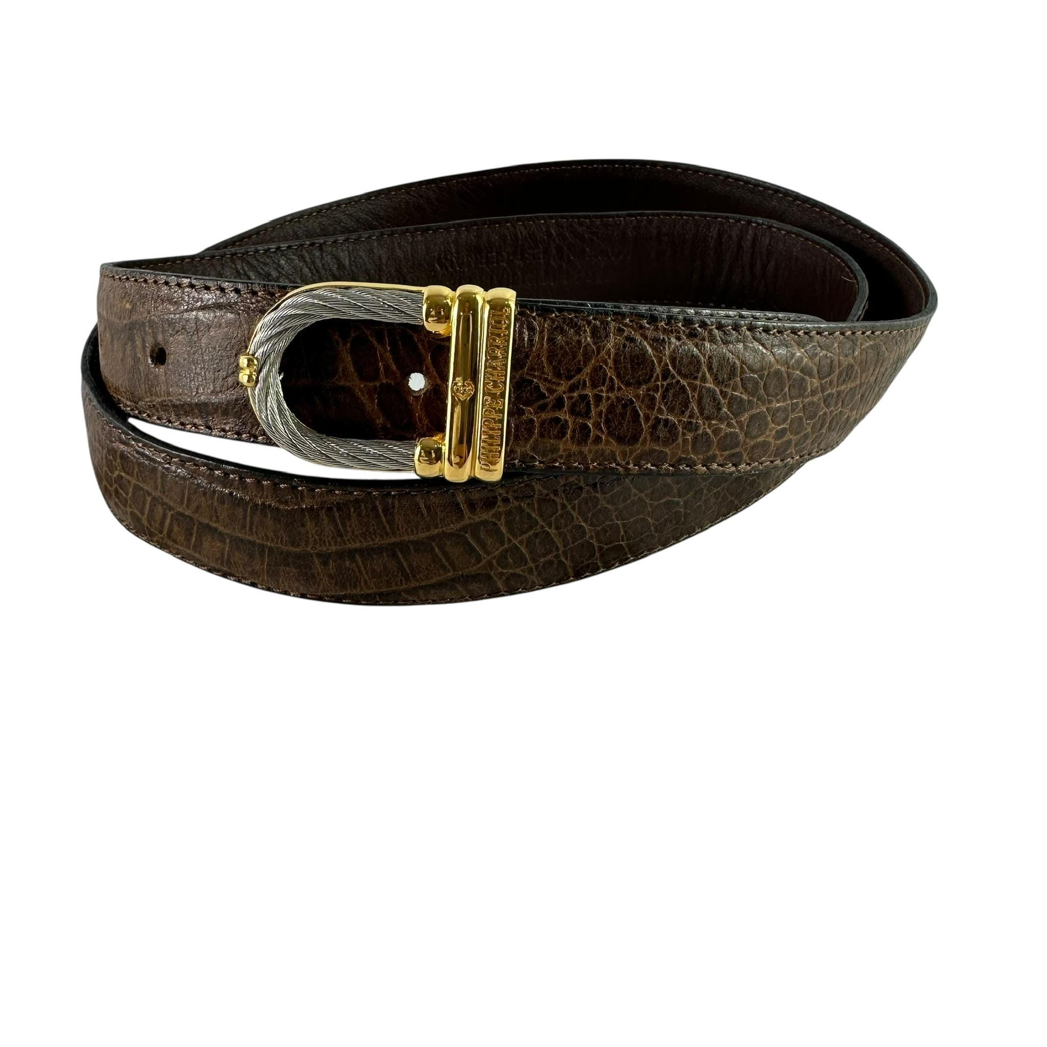 Vintage Croc Brass Leather Arrow Slide Belt Medium Croc Leather Belt with Gold Buckle | BRAHMIN main image 3