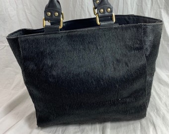 Genuine calf hair black leather tote bag