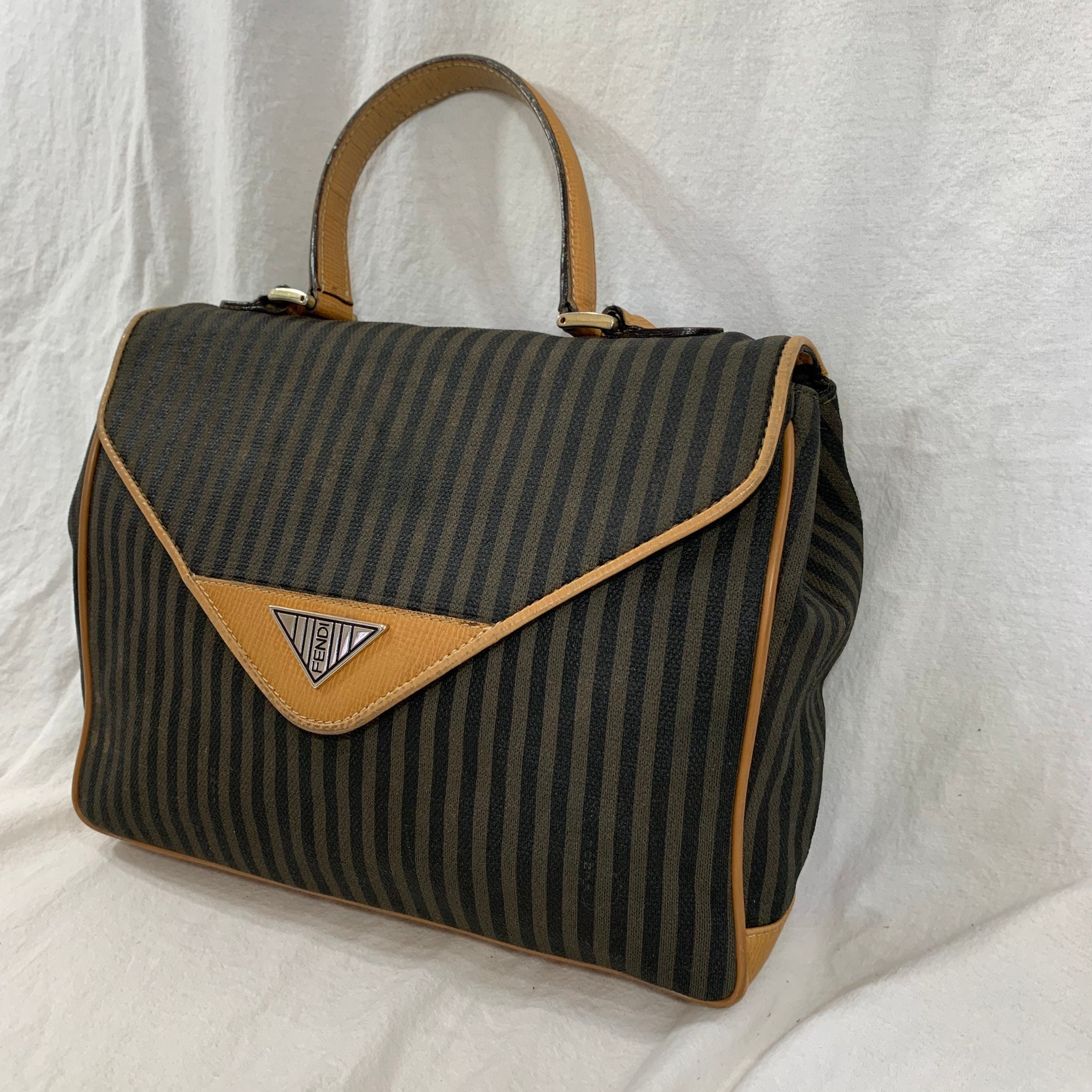 FENDI Vintage Pequin Pecan Stripe Scrunchie Brown Black Hair Tie Vintage Fendi Pequin Black Striped Crossbody Purse Camera  main image 2