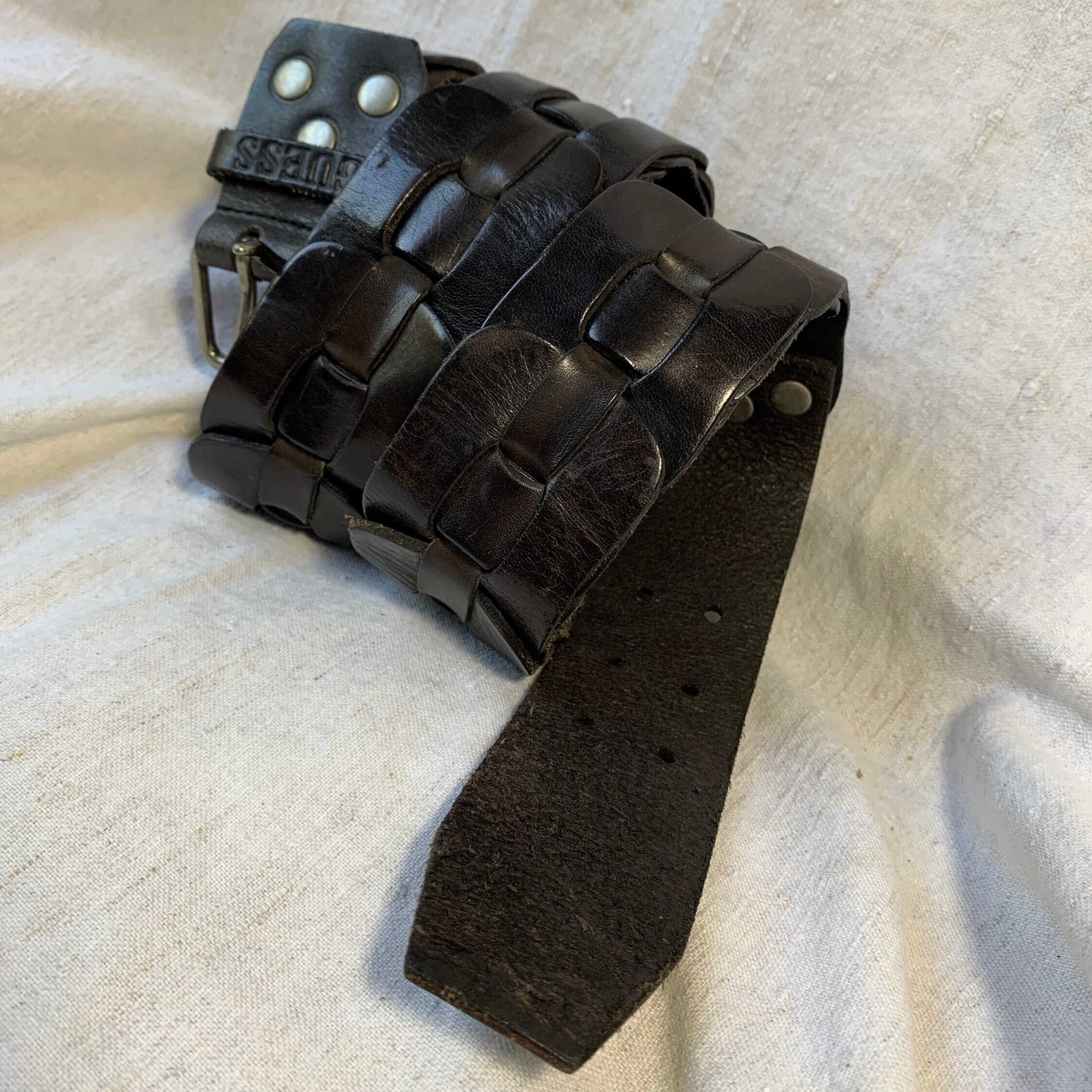 Vintage 80s 90s Guess Brown Genuine Woven Leather Western Belt Size M Up to 32\