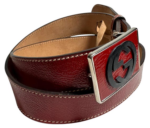 GUCCI Red Patent Leather Black Interlocking G Plaque Buckle  display picture 1
