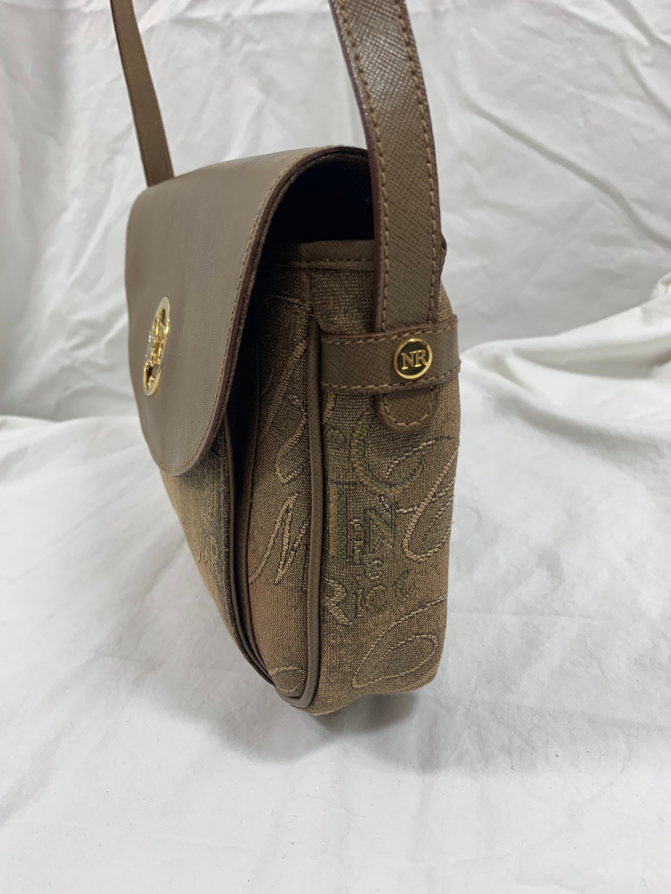 Vintage Nina Ricci Taupe Olive Leather Signature Logo Shoulder Bag Crossbody, image size:2244x2992