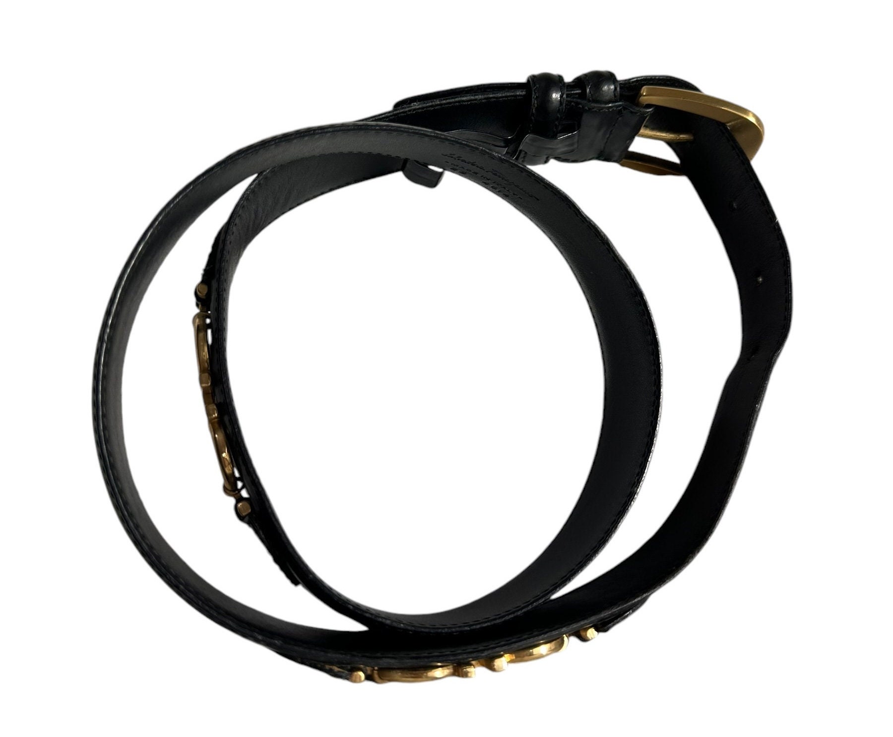 SALVATORE FERRAGAMO Black Leather Gold Gancini Women Belt 