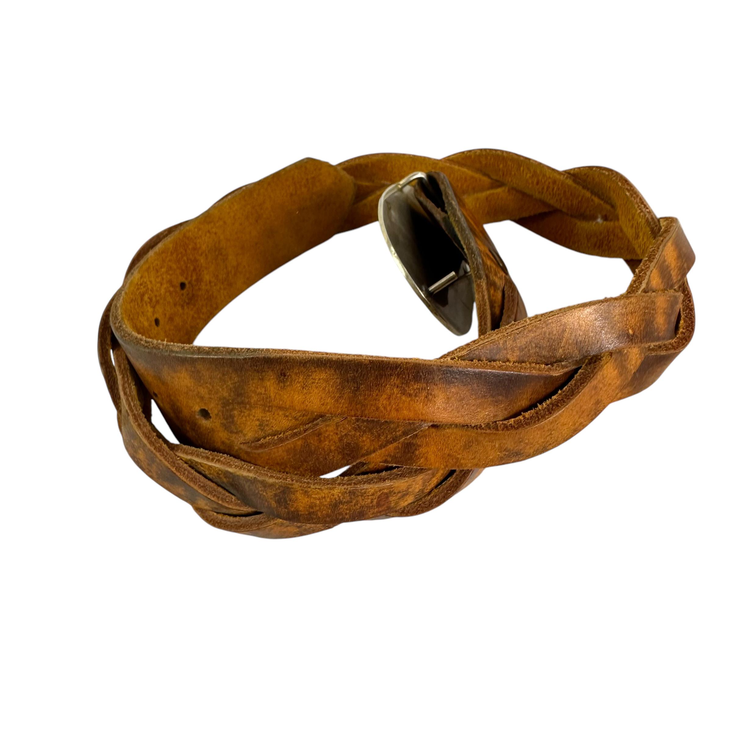 Vintage Brown Genuine Leather With Abalone Owl Inlay Buckle Braided Belt 32 Vintage Brown Genuine Leather With Abalone Owl Inlay Buckle  main image 2