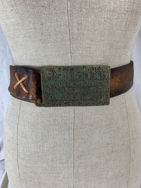 Vintage brass ethnic buckle with brown braided lea