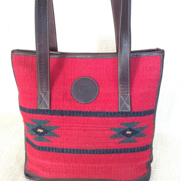 Genuine vintage wool south western leather tote bag shopper large