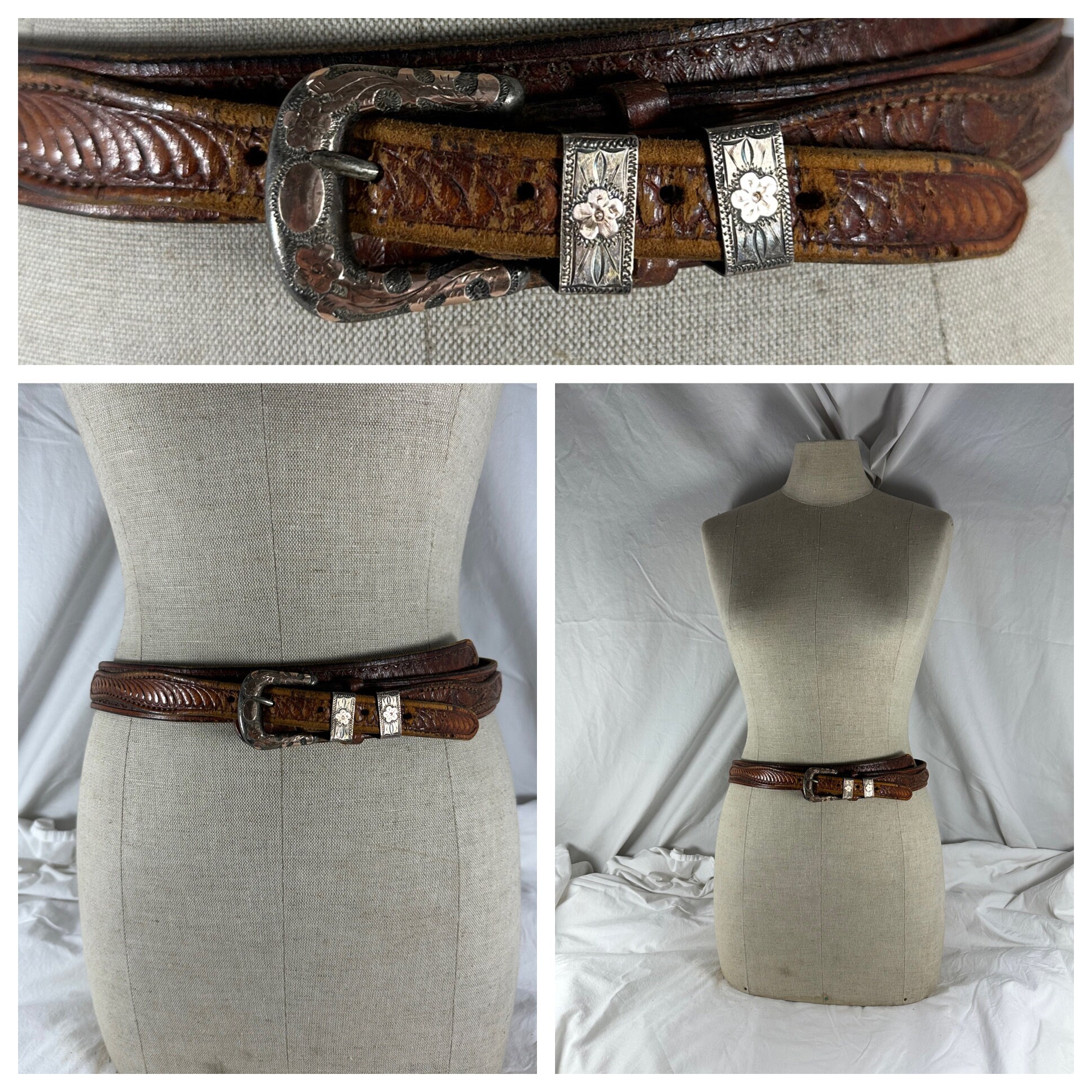 Vintage Western Belt Hand Tooled Leather Sterling Silver Buckle Stitching Tan Brown/Tan 2-Tone Horse Tooled Leather Laced Western Belt  main image 2