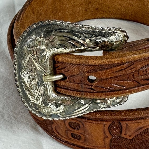 Vintage 4 Piece Sterling Tan Western Tooled Leather Belt  display picture 1