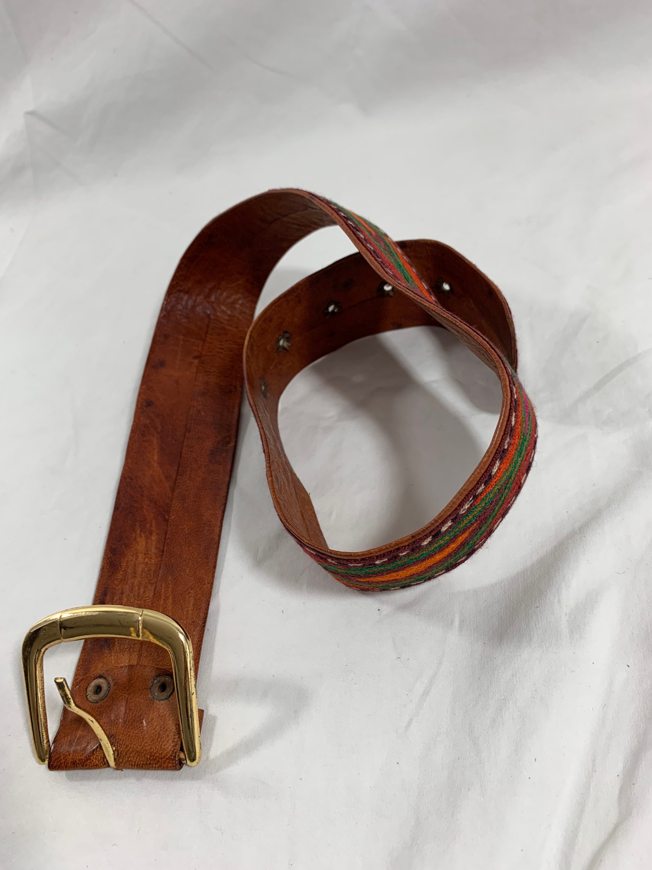 vintage handmade waxed leather and embroidered colorful belt small Vintage Handmade Waxed Leather and Embroidered Colorful Belt  main image 3