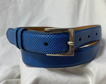 90s Blue Embossed Faux Lizard Vegan Belt: Gold Tone Buckle  display picture 1