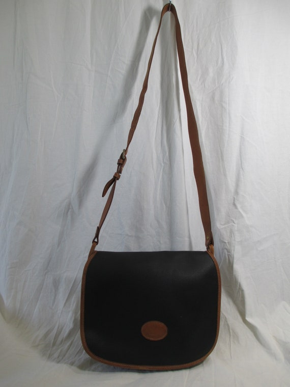 Vintage Longchamp Black Coated Canvas and Tan Leather Crossbody Shoulder Bag