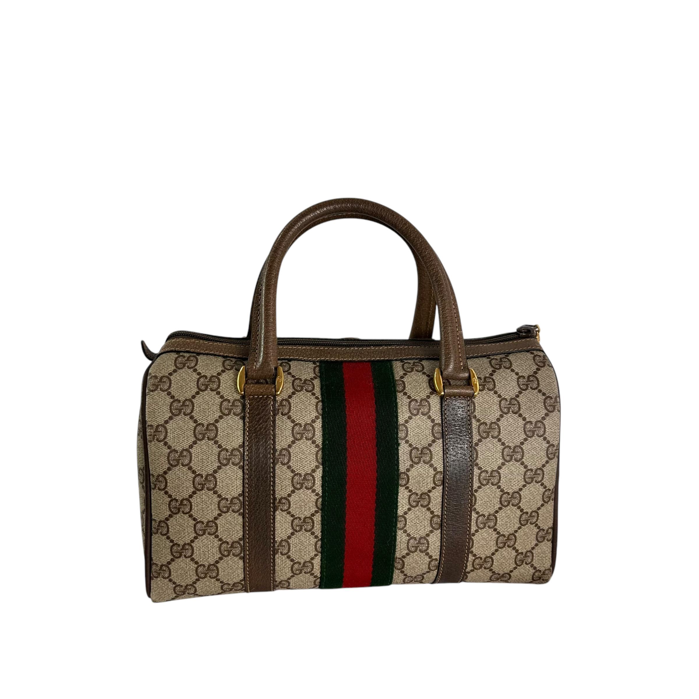 Vintage GUCCI Brown Signature Web Boston Leather and Canvas